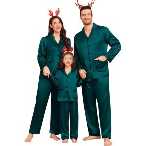 SWOMOG Matching Family Pajamas Set Women & Men & Kids Silk Satin Pjs 2 Pcs Long Sleeve Button Down Sleepwear with 2 Pockets(Deep Green)