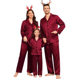 SWOMOG Matching Family Pajamas Set Women & Men & Kids Silk Satin Pjs 2 Pcs Long Sleeve Button Down Sleepwear with 2 Pockets(Wine Red)