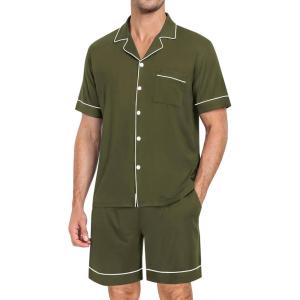SWOMOG Mens Pajama Set Short Sleeve 2 PCS Sleepwear Button Down Soft Loungewear Modal Set Pj Set with Pockets S-3XL(Army Green)