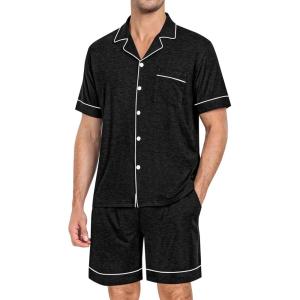 SWOMOG Mens Pajama Set Short Sleeve 2 PCS Sleepwear Button Down Soft Loungewear Modal Set Pj Set with Pockets S-3XL(Black Grey)