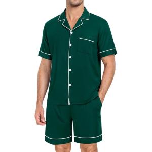 SWOMOG Mens Pajama Set Short Sleeve 2 PCS Sleepwear Button Down Soft Loungewear Modal Set Pj Set with Pockets S-3XL(Christmas Green)