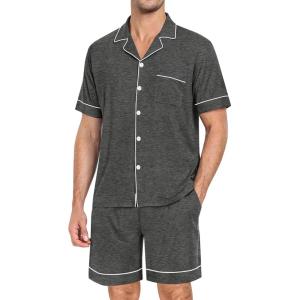 SWOMOG Mens Pajama Set Short Sleeve 2 PCS Sleepwear Button Down Soft Loungewear Modal Set Pj Set with Pockets S-3XL(Deep Grey)