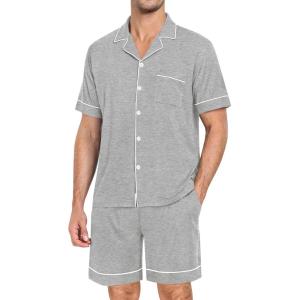 SWOMOG Mens Pajama Set Short Sleeve 2 PCS Sleepwear Button Down Soft Loungewear Modal Set Pj Set with Pockets S-3XL(Grey)