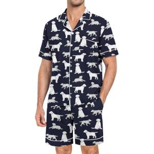SWOMOG Mens Pajama Set Short Sleeve 2 PCS Sleepwear Button Down Soft Loungewear Modal Set Pj Set with Pockets S-3XL(Navy Blue Dogs)