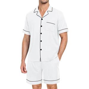 SWOMOG Mens Pajama Set Short Sleeve 2 PCS Sleepwear Button Down Soft Loungewear Modal Set Pj Set with Pockets S-3XL(White)