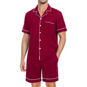 SWOMOG Mens Pajama Set Short Sleeve 2 PCS Sleepwear Button Down Soft Loungewear Modal Set Pj Set with Pockets S-3XL(Wine Red)