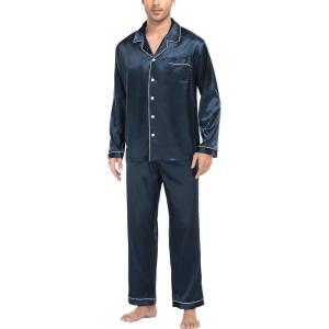 SWOMOG Mens Silk Satin Pajamas Set Long Sleeve Sleepwear Button-Down Pj Two-piece Loungewear with Long Pants S-XXL(Deep Grey)