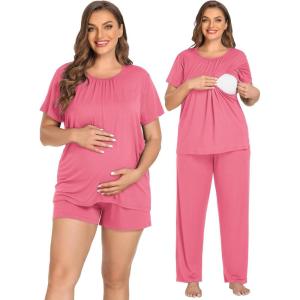 SWOMOG Women 3Pcs Maternity Pajama Set Nursing Pjs Pregnancy Set Breastfeeding Pjs Double Layer with Pockets(Coral)