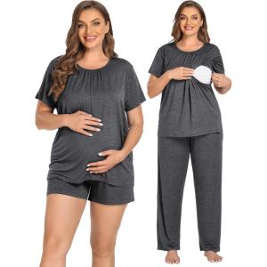 SWOMOG Women 3Pcs Maternity Pajama Set Nursing Pjs Pregnancy Set Breastfeeding Pjs Double Layer with Pockets(Deep Grey)
