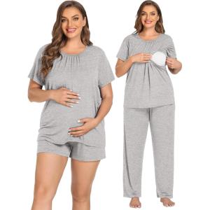 SWOMOG Women 3Pcs Maternity Pajama Set Nursing Pjs Pregnancy Set Breastfeeding Pjs Double Layer with Pockets(Grey)