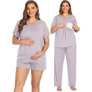 SWOMOG Women 3Pcs Maternity Pajama Set Nursing Pjs Pregnancy Set Breastfeeding Pjs Double Layer with Pockets(Lilac)