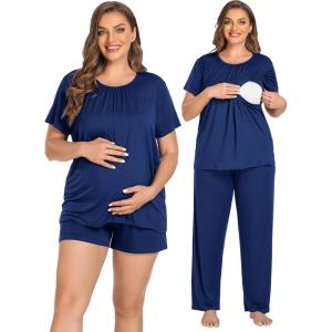 SWOMOG Women 3Pcs Maternity Pajama Set Nursing Pjs Pregnancy Set Breastfeeding Pjs Double Layer with Pockets(Navy Blue)