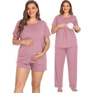 SWOMOG Women 3Pcs Maternity Pajama Set Nursing Pjs Pregnancy Set Breastfeeding Pjs Double Layer with Pockets(Taro-purple)