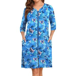 SWOMOG Women House Dress Nightgowns Duster Housecoat Zipper Robe Soft Sleepwear with Pockets(Aqua Multi)