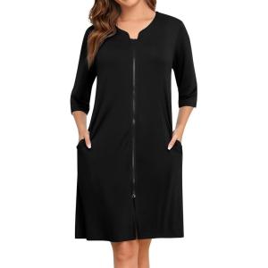 SWOMOG Women House Dress Nightgowns Duster Housecoat Zipper Robe Soft Sleepwear with Pockets(Black)