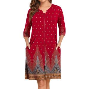 SWOMOG Women House Dress Nightgowns Duster Housecoat Zipper Robe Soft Sleepwear with Pockets(Floral Red)