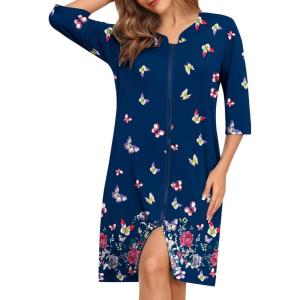 SWOMOG Women House Dress Nightgowns Duster Housecoat Zipper Robe Soft Sleepwear with Pockets(Navy Blue Butterfly)