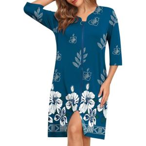SWOMOG Women House Dress Nightgowns Duster Housecoat Zipper Robe Soft Sleepwear with Pockets(Navy Blue White Flowers)