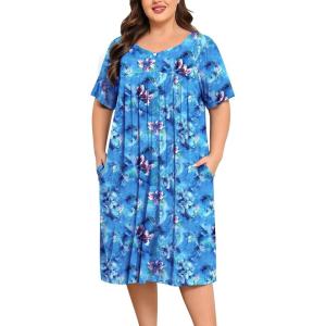 SWOMOG Women Plus Size House Dress Floral Print Nightgown for Women Button Sleepwear Mumu Dress with Pockets 18W-26W(Blue)