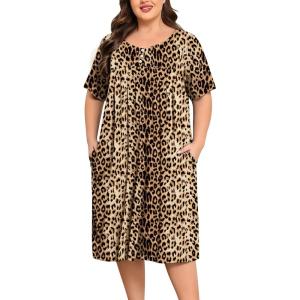 SWOMOG Women Plus Size House Dress Floral Print Nightgown for Women Button Sleepwear Mumu Dress with Pockets 18W-26W(Leopard)