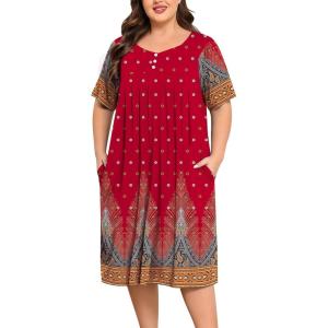 SWOMOG Women Plus Size House Dress Floral Print Nightgown for Women Button Sleepwear Mumu Dress with Pockets 18W-26W(Red)