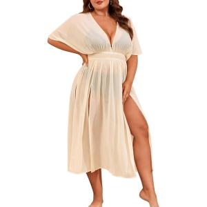 SWOMOG Women Plus Size Swimsuit Cover Up Bikini Bathing Suit Sexy Deep V Neck Swim Beach Dresses Summer Beachwear(Long-apricot)
