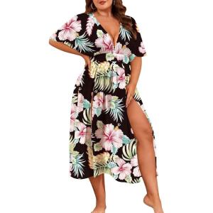SWOMOG Women Plus Size Swimsuit Cover Up Bikini Bathing Suit Sexy Deep V Neck Swim Beach Dresses Summer Beachwear(Long-black Green Flower)