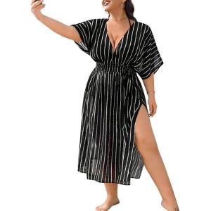 SWOMOG Women Plus Size Swimsuit Cover Up Bikini Bathing Suit Sexy Deep V Neck Swim Beach Dresses Summer Beachwear(Long-black Stripe)