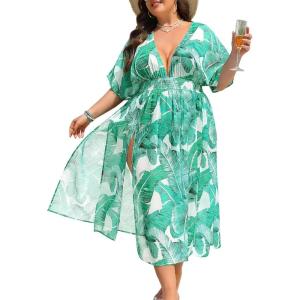 SWOMOG Women Plus Size Swimsuit Cover Up Bikini Bathing Suit Sexy Deep V Neck Swim Beach Dresses Summer Beachwear(Long-green Leaf)