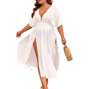 SWOMOG Women Plus Size Swimsuit Cover Up Bikini Bathing Suit Sexy Deep V Neck Swim Beach Dresses Summer Beachwear(Long-white)