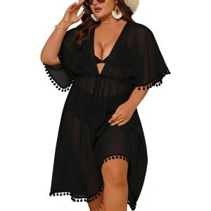 SWOMOG Women Swimsuit Cover Up Plus Size Bikini Swimwear Coverups Sheer Deep V Neck Beach Tunic Dresses Summer Beachwear(Black)