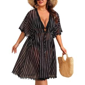 SWOMOG Women Swimsuit Cover Up Plus Size Bikini Swimwear Coverups Sheer Deep V Neck Beach Tunic Dresses Summer Beachwear(Black Stripe)