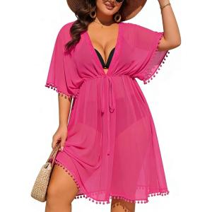 SWOMOG Women Swimsuit Cover Up Plus Size Bikini Swimwear Coverups Sheer Deep V Neck Beach Tunic Dresses Summer Beachwear(Rose Red)