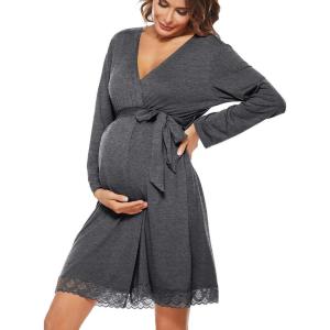 SWOMOG Women’s Maternity Nursing Robe Pregnancy Breastfeeding Bathrobes 3 in 1 Labor Delivery Nightgowns(Long Sleeve-dark Gray)
