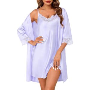 SWOMOG Women’s Satin Robe Set 2 Piece Sexy Pajamas Sets Lace Cami Nightgown and Silk Robes Nightwear(Lavender)