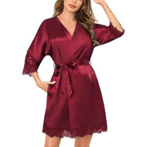 SWOMOG Women’s Satin Robe Set 2 Piece Sexy Pajamas Sets Lace Cami Nightgown and Silk Robes Nightwear(Only Robe – Wine Red)