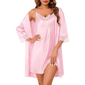 SWOMOG Women’s Satin Robe Set 2 Piece Sexy Pajamas Sets Lace Cami Nightgown and Silk Robes Nightwear(Pink)