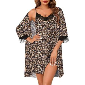 SWOMOG Women’s Satin Robe Set 2 Piece Sexy Pajamas Sets Lace Cami Nightgown and Silk Robes Nightwear(Wavy Leopard)
