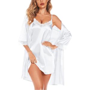 SWOMOG Women’s Satin Robe Set 2 Piece Sexy Pajamas Sets Lace Cami Nightgown and Silk Robes Nightwear(White)