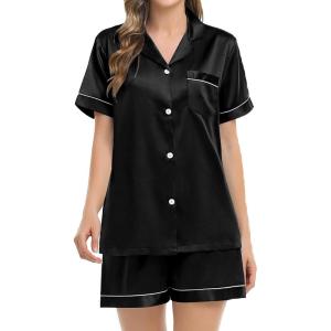 SWOMOG Womens Silk Satin Pajamas Set Short Sleeve Sleepwear Button Down Top and Shorts Loungewear 2 Piece Pjs Set XS-3XL(Black-style 3)