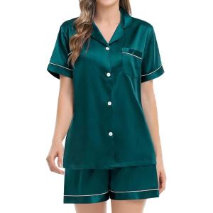 SWOMOG Womens Silk Satin Pajamas Set Short Sleeve Sleepwear Button Down Top and Shorts Loungewear 2 Piece Pjs Set XS-3XL(Green-style 3)