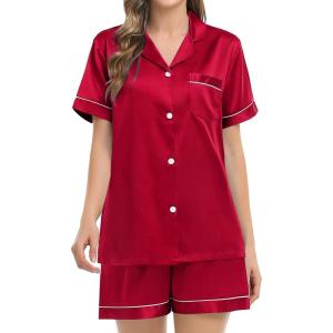 SWOMOG Womens Silk Satin Pajamas Set Short Sleeve Sleepwear Button Down Top and Shorts Loungewear 2 Piece Pjs Set XS-3XL(Red-style 3)