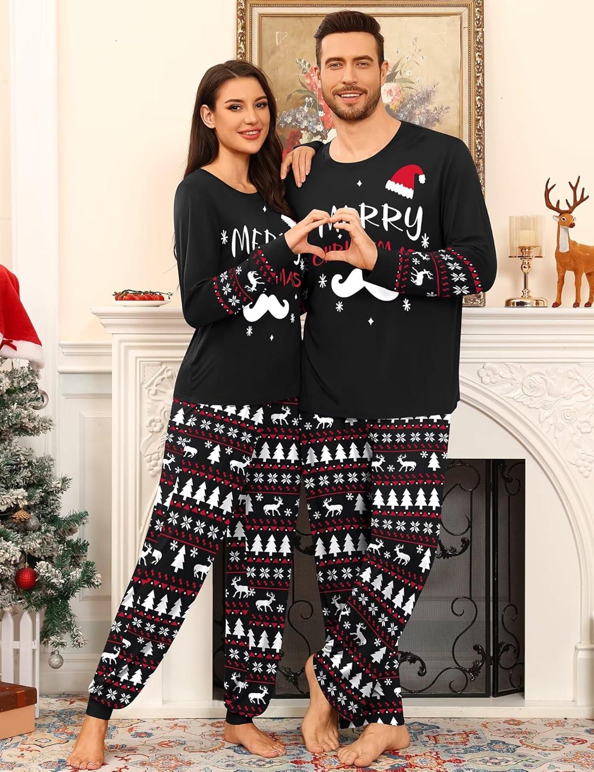 imageSWOMOG Couple Pajamas Sets Christmas Matching Long Sleeve Sleepwear Pjs Women amp Men Soft 2 Pieces LoungewearBlack Christmas Tree
