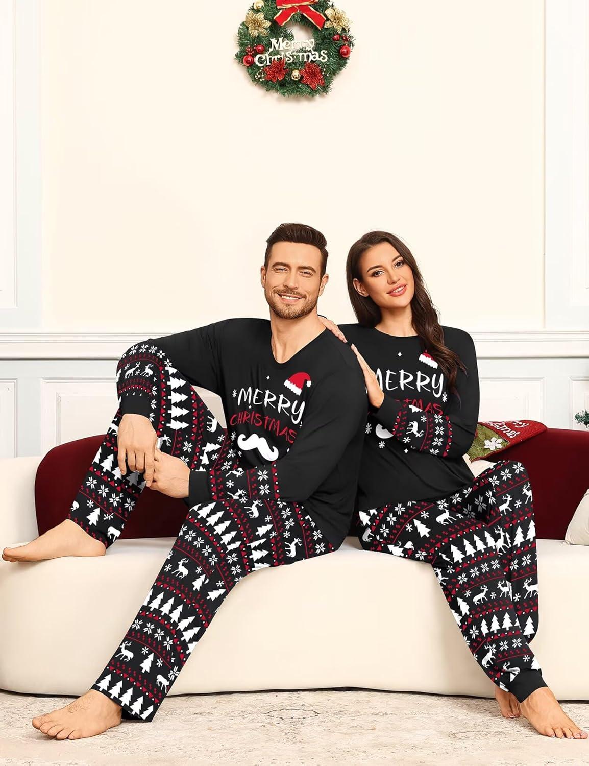 imageSWOMOG Couple Pajamas Sets Christmas Matching Long Sleeve Sleepwear Pjs Women amp Men Soft 2 Pieces LoungewearBlack Christmas Tree