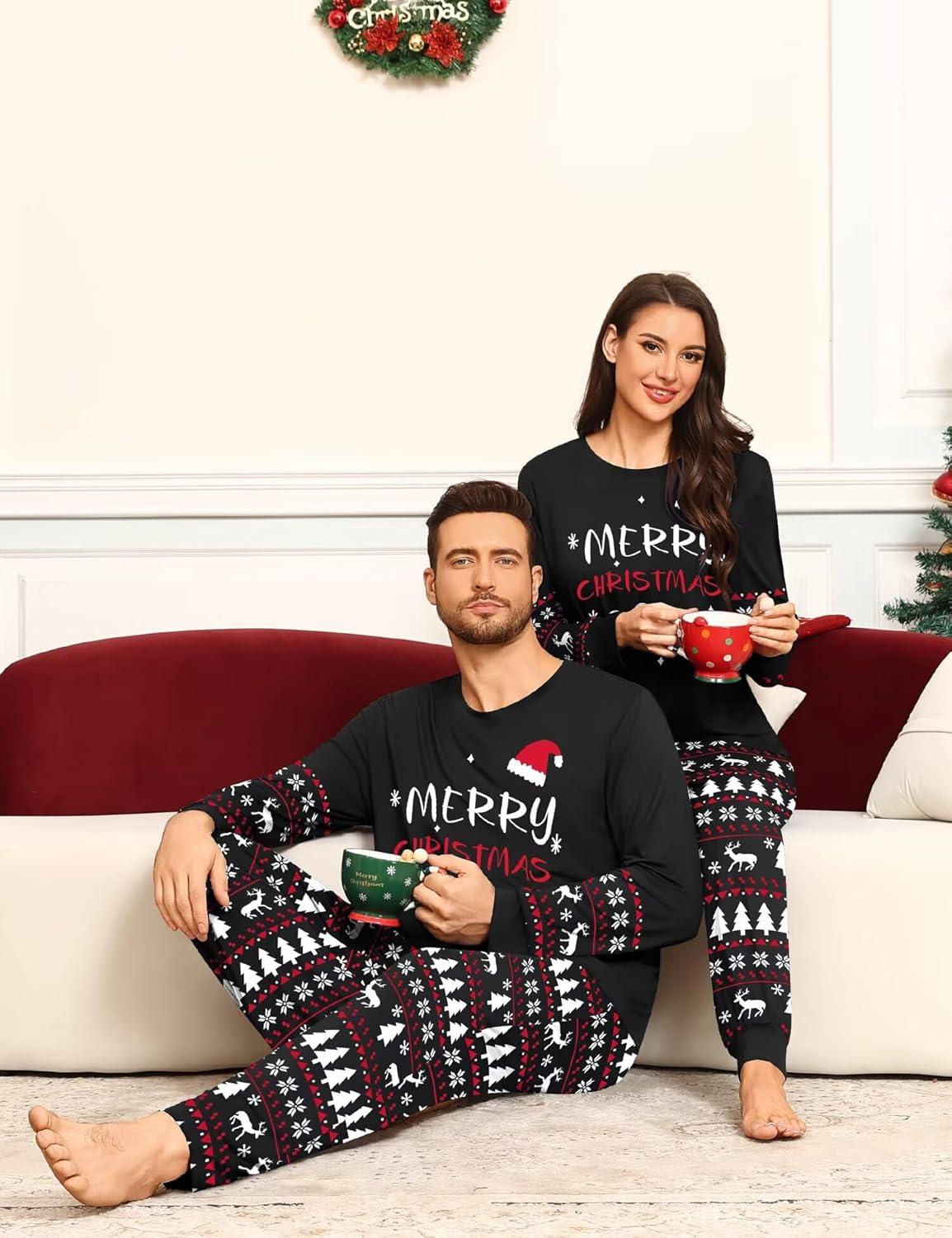 imageSWOMOG Couple Pajamas Sets Christmas Matching Long Sleeve Sleepwear Pjs Women amp Men Soft 2 Pieces LoungewearBlack Christmas Tree