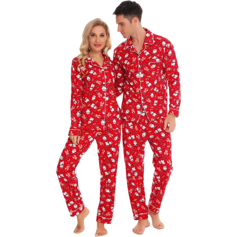 imageSWOMOG Christmas Family Matching Pajamas Long Sleeve Pj Set Festival Party Comfy Sleepwear with Button