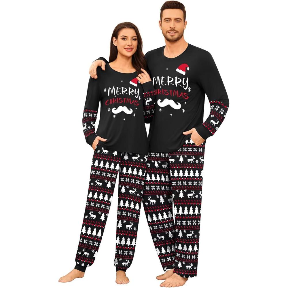 imageSWOMOG Couple Pajamas Sets Christmas Matching Long Sleeve Sleepwear Pjs Women amp Men Soft 2 Pieces LoungewearBlack Christmas Tree