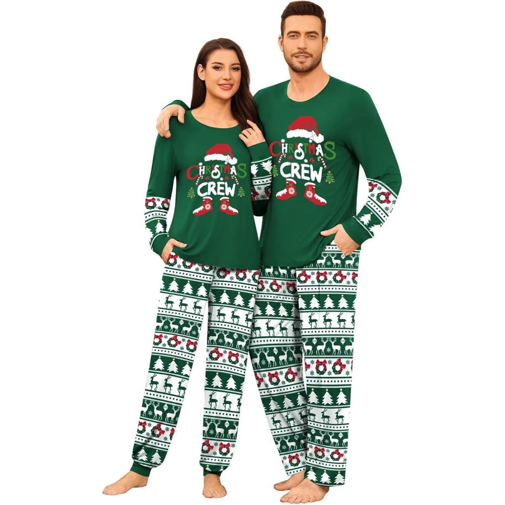 imageSWOMOG Couple Pajamas Sets Christmas Matching Long Sleeve Sleepwear Pjs Women amp Men Soft 2 Pieces LoungewearGreen White Elk