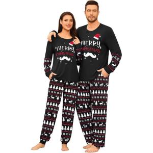 SWOMOG Couple Pajamas Sets Christmas Matching Long Sleeve Sleepwear Pjs Women & Men Soft 2 Pieces Loungewear(Black Christmas Tree)
