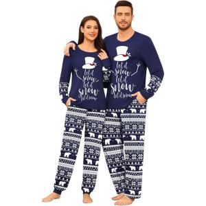 SWOMOG Couple Pajamas Sets Christmas Matching Long Sleeve Sleepwear Pjs Women & Men Soft 2 Pieces Loungewear(Navy Blue Snowflakes)